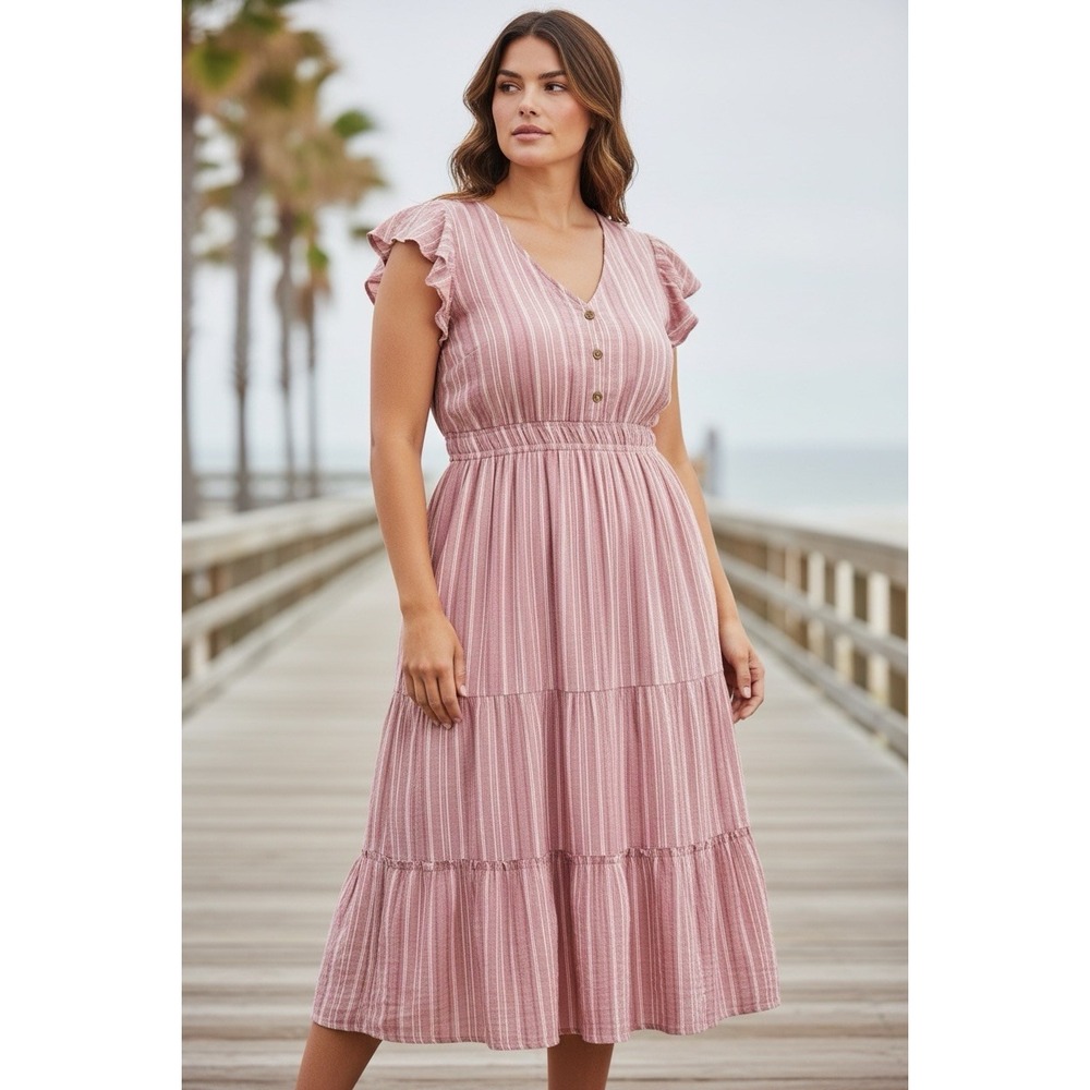 100% Cotton gauze Lucky Brand PinkWhite Striped Ruffle Flutter Sleeve Midi Dress